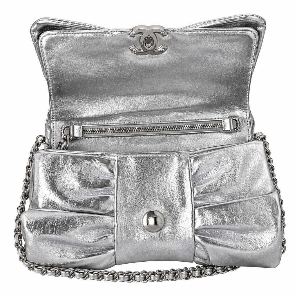 Chanel Bow Bag Ruched Metallic Crinkled Calfskin Silver 22cm