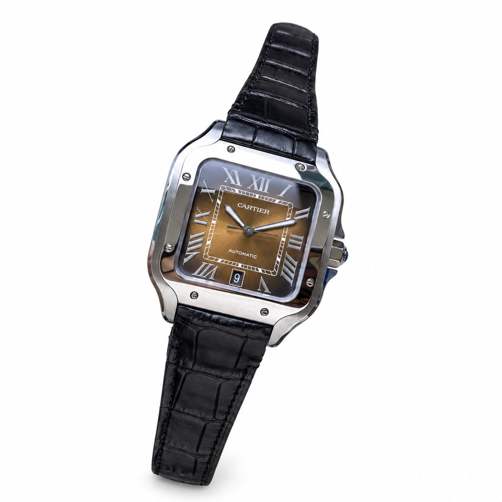 Cartier Santos de Cartier Automatic — Steel, Smoked Brown Dial & Black Alligator Strap, Large