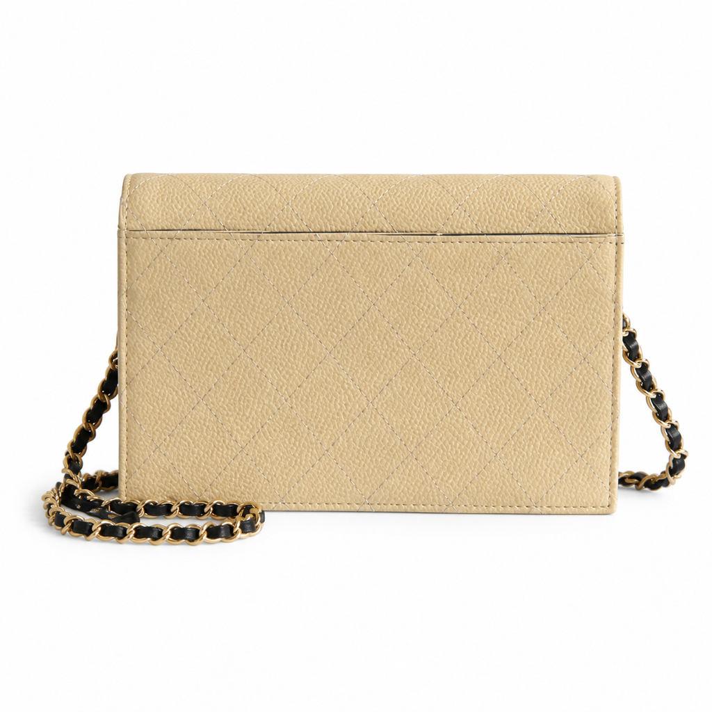 Chanel Beige Caviar WOC | Contrast Black CC & Black Chain — 19cm