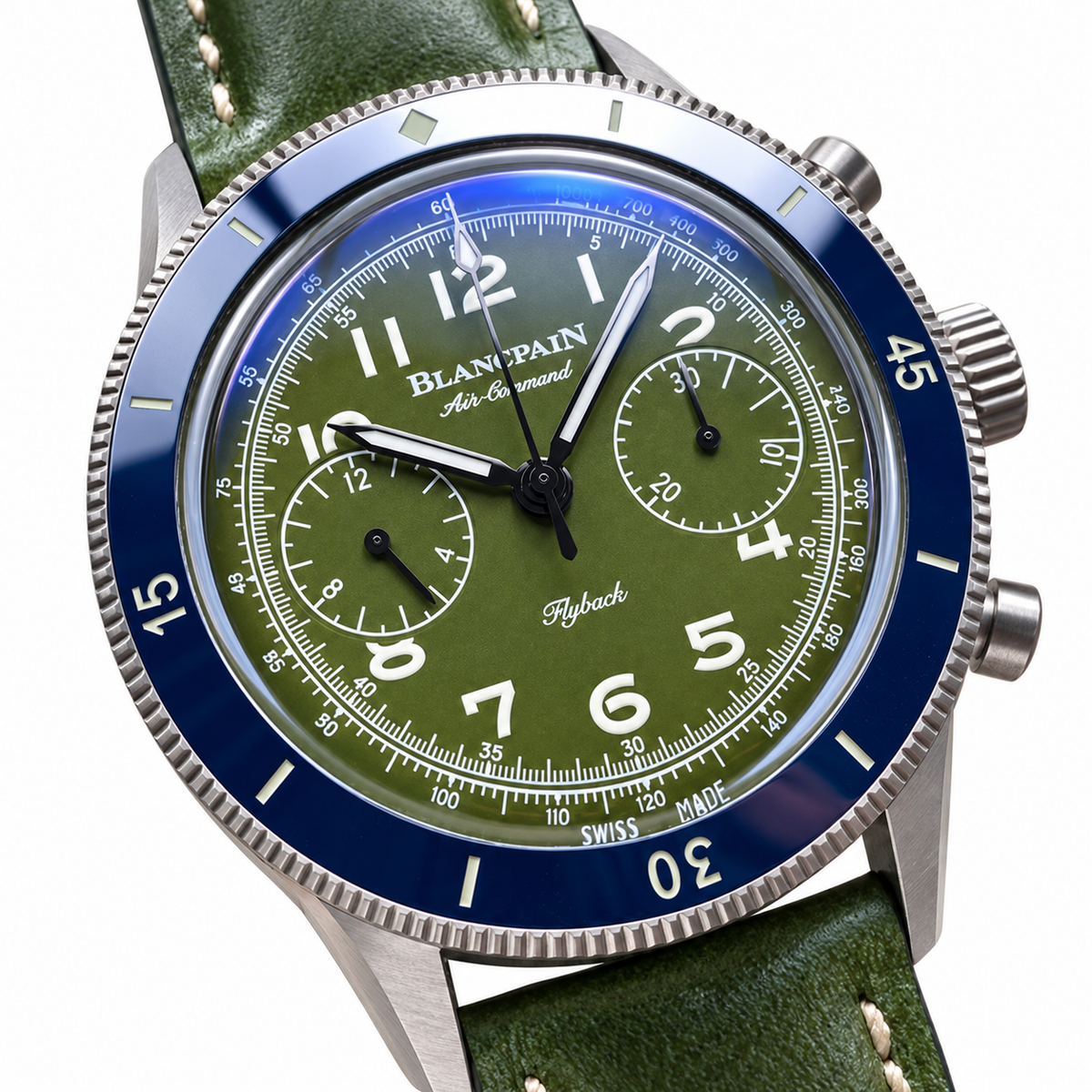 Blancpain Air Command Green Dial Flyback Chronograph Blue Ceramic Bezel Watch