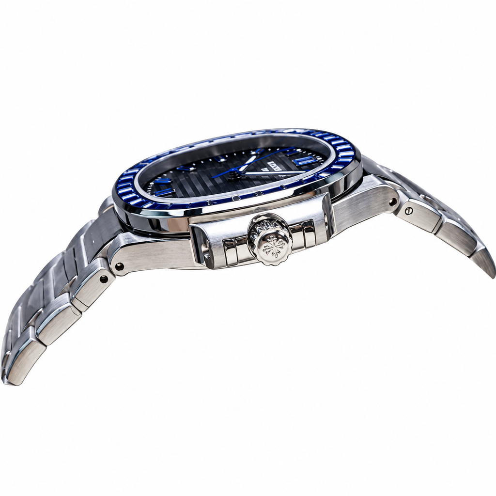 Patek Philippe Nautilus Steel Sapphire Baguette Bezel Grey Dial 35mm
