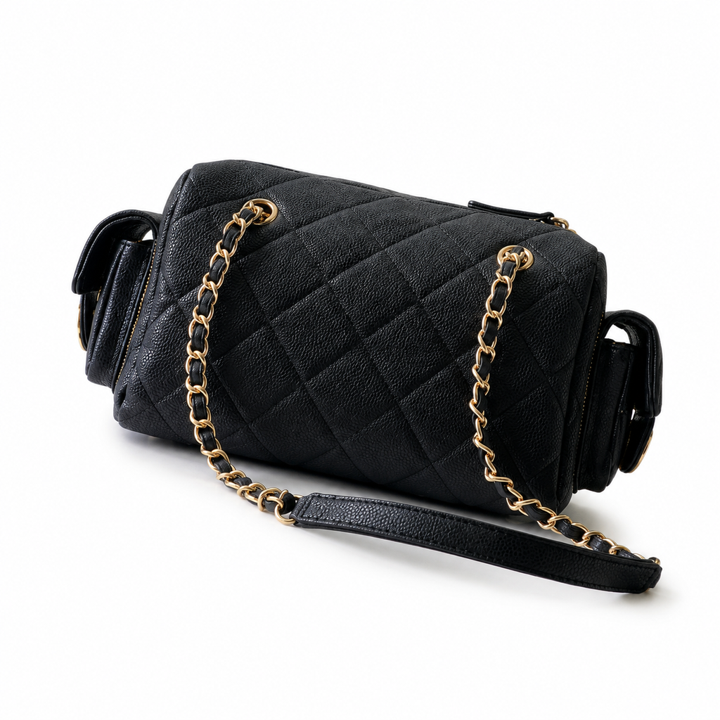 Chanel Black Caviar Leather Quilted Camera Bag | Oversized Antique Gold CC, Side Pockets & Double Chain with Leather Strap
