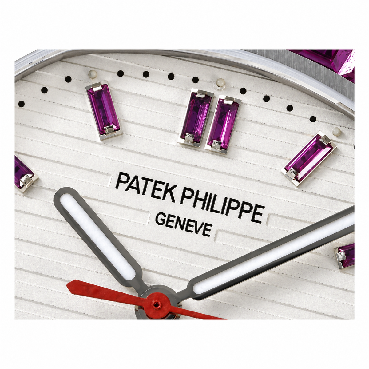 Patek Philippe Nautilus Steel Pink Sapphire Baguette Bezel White MOP Dial 40mm