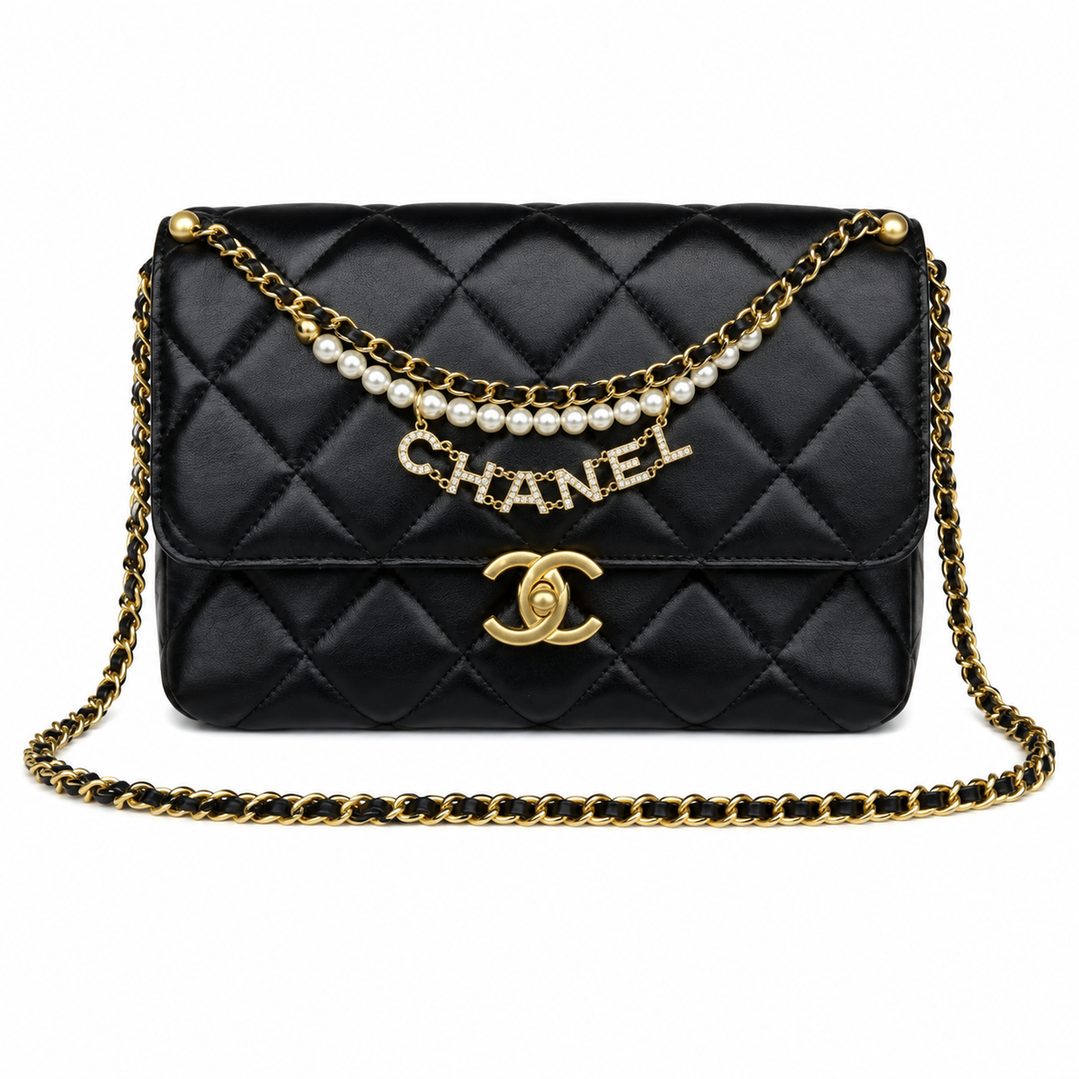 Chanel Quilted Flap Bag | Pearl Chain Crystal Letter Charm Gold CC Black — 23x15cm