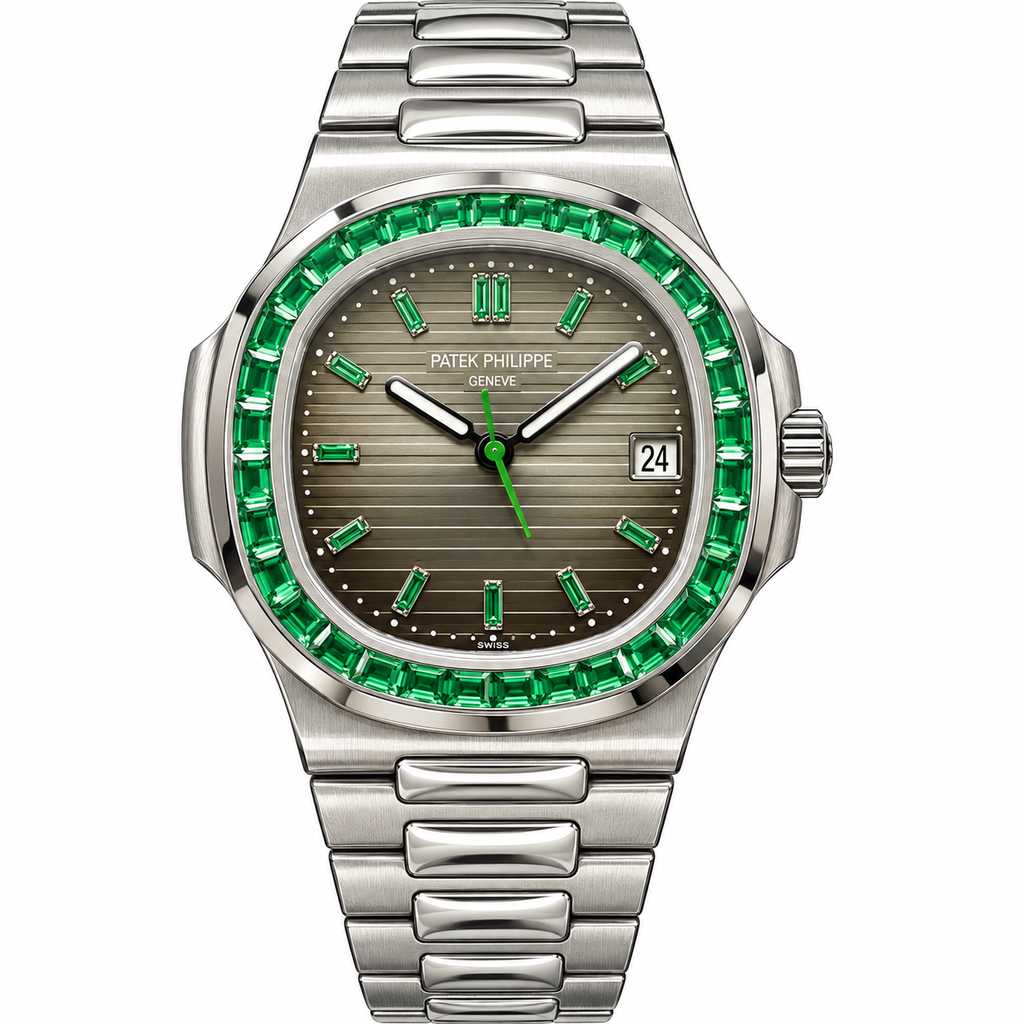 Patek Philippe Nautilus Steel Emerald Baguette Bezel Grey Dial 40mm