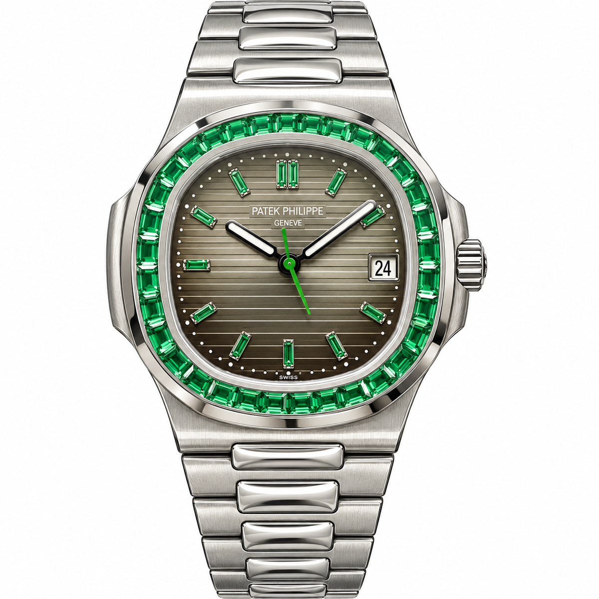 Patek Philippe Nautilus Steel Emerald Baguette Bezel Grey Dial 40mm
