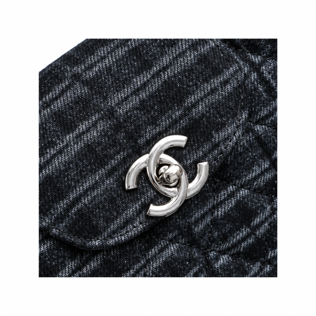 Chanel Mini Coco Handle Quilted Check Fabric Charcoal Gunmetal 19cm