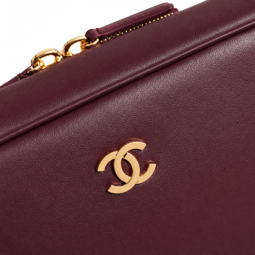 Chanel Bowling Bag Burgundy Embossed Lambskin | Logo-Minimal & Cream Interior — 29cm