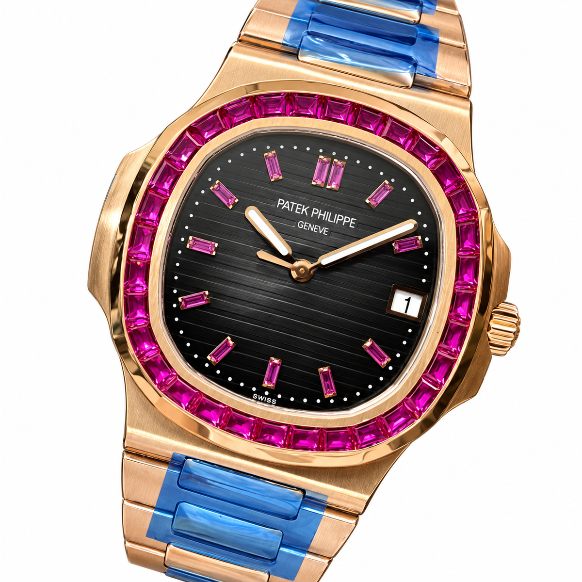 Patek Philippe Nautilus Rose Gold Ruby Bezel Black Dial Blue Ceramic Bracelet 40mm