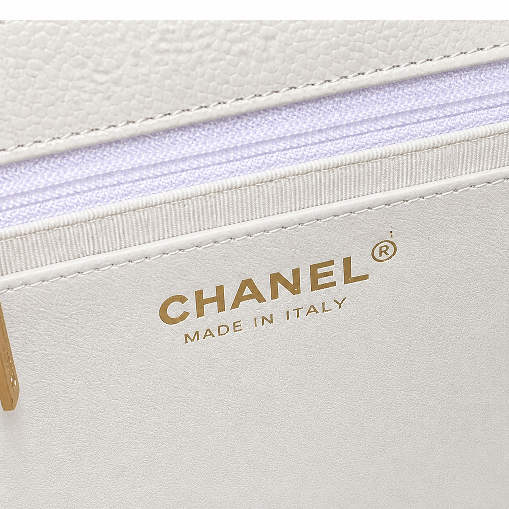 Chanel East-West Flap White Caviar | White-Surround CC Turn-Lock & Gold Coin Charm — 32.5cm