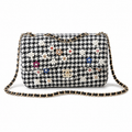 Chanel Black & White Houndstooth Tweed Box Bag with Pearl & Crystal Flower Embellishments