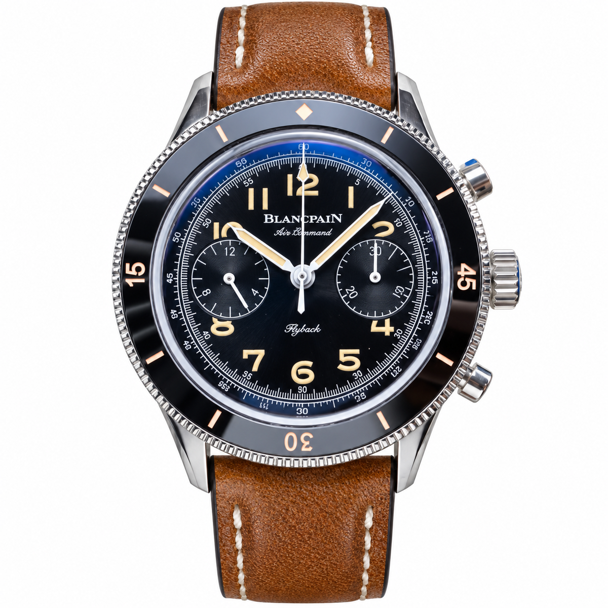 Blancpain Air Command Flyback chronograph stainless steel black vintage dial black ceramic bezel tan leather strap