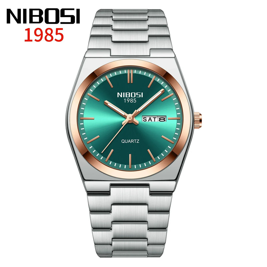 NIBOSI 1985 — Stainless Steel, Blue Sunray Dial, Day-Date & Steel Bracelet, Men