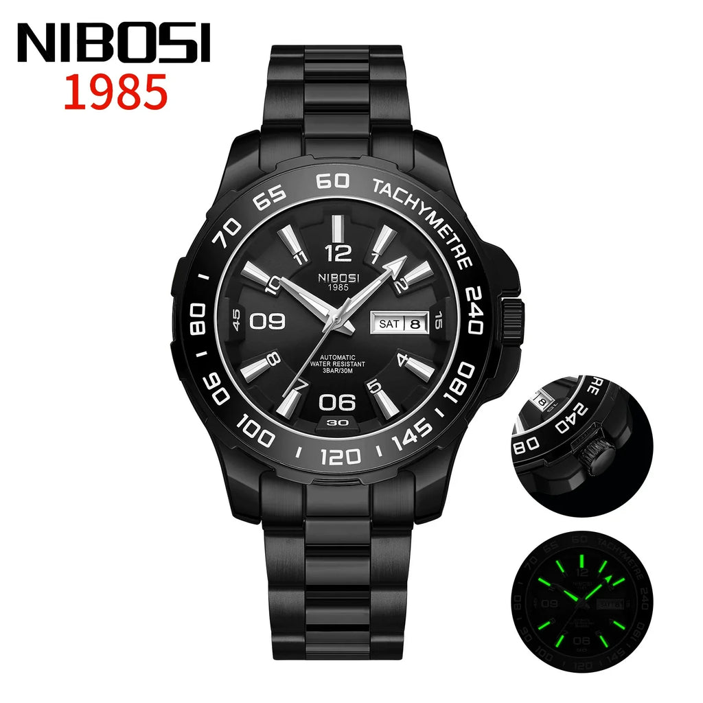 NIBOSI 1985 Automatic — Black PVD Steel, Black Dial, Tachymetre Bezel & Steel Bracelet, Men
